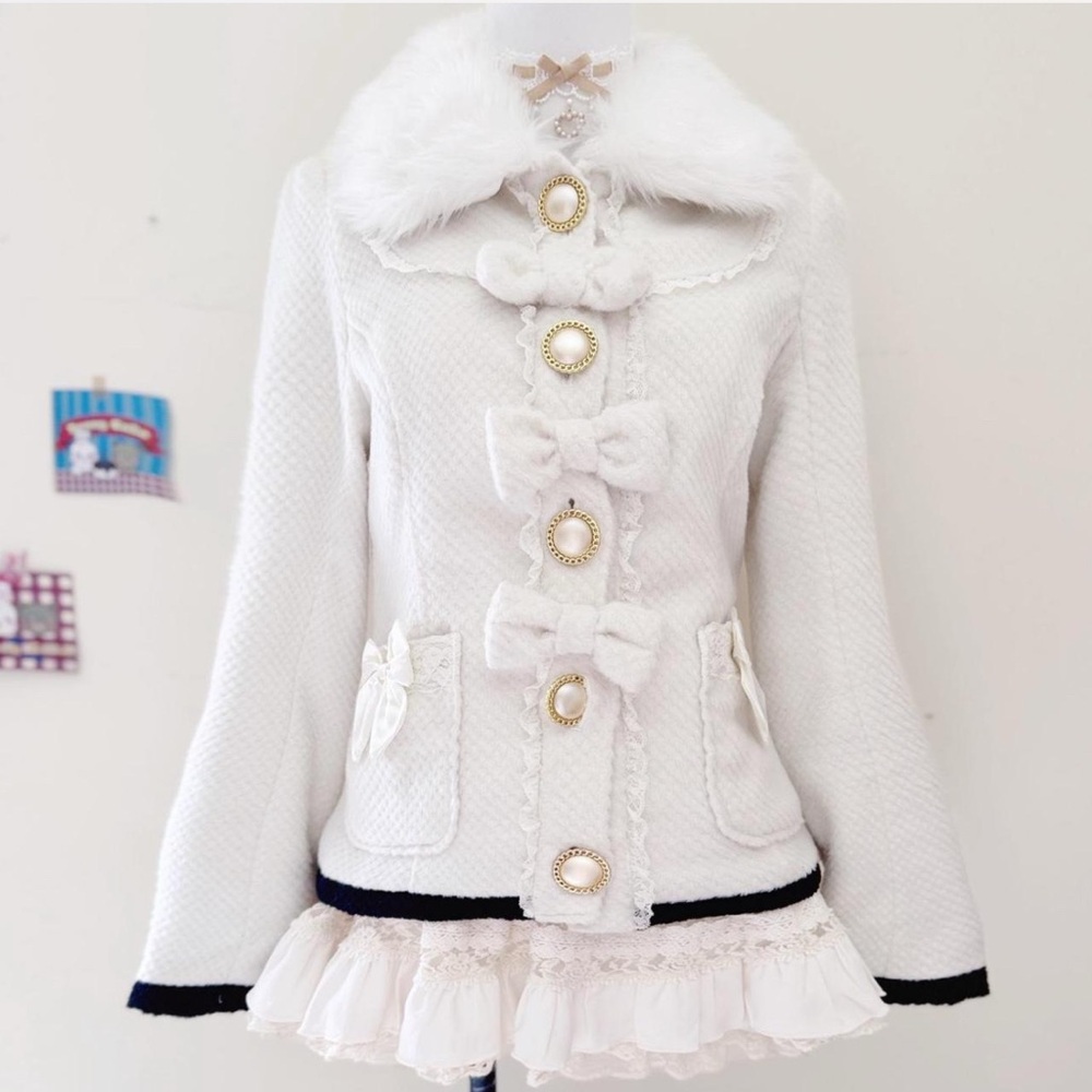 LizLisa Cream White Woolen Coat with Bow Accents